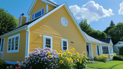 A delicate daisy yellow house with siding, bringing a burst of sunshine and happiness to the suburban landscape.