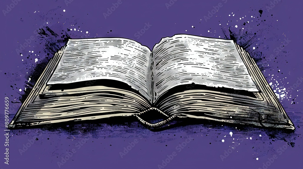 Poster an open book on a purple background with paint splatters on the bottom