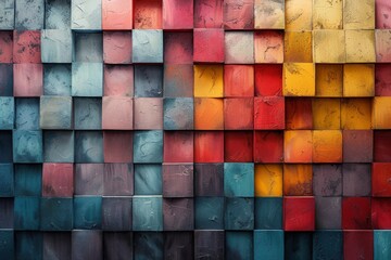 A wall with a unique mosaic of square tiles in various shades of red, blue, and yellow