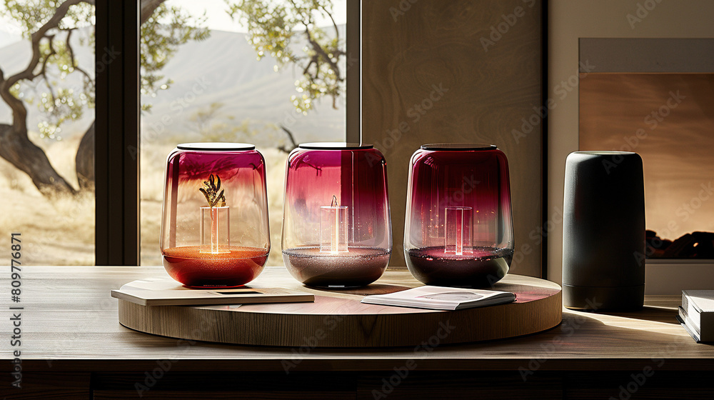 Poster a pair of red vases rest atop a wooden table beside a window showcasing a tree in the background