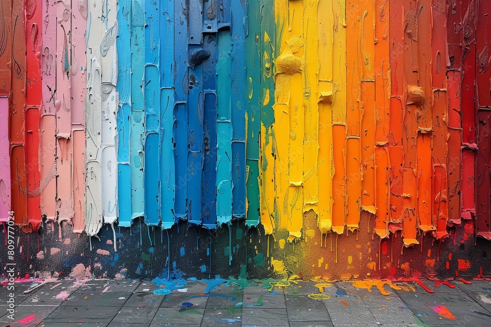 Poster Wooden fence with an array of peeling and colorful paint, depicting aging and change