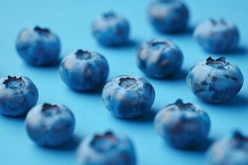 High-detail image of several fresh blueberries scattered on a blue background, highlighting their texture and color