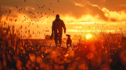 Fototapeta premium A man and his dog are walking through a field of tall grass