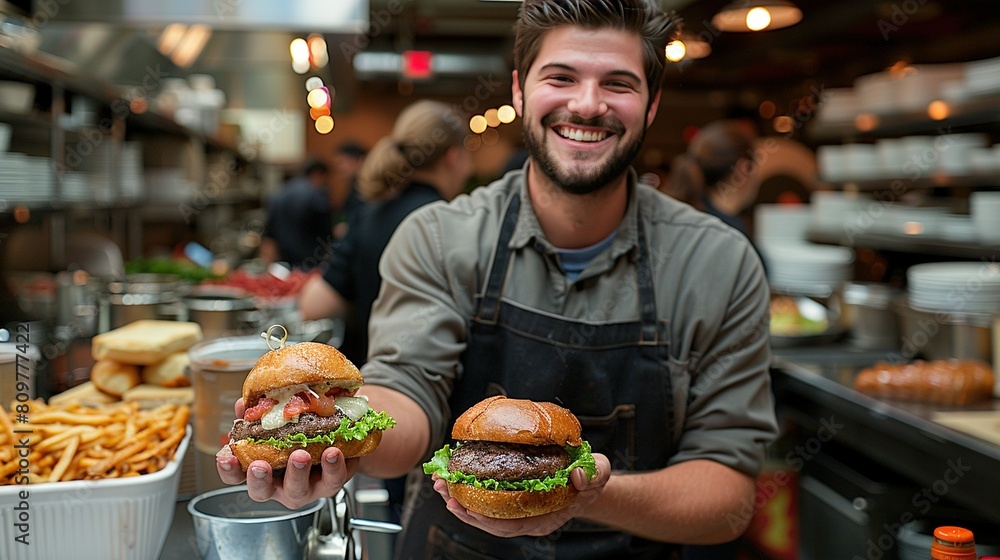 Poster a man in an apron is holding two hamburgers in front of a table filled with fries and a bucket of fr