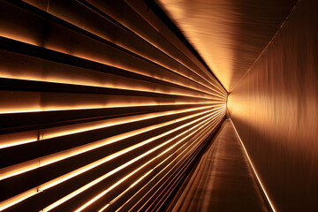 Naklejka premium perspective view of a luminous tunnel with golden light and parallel lines stretching into the distance