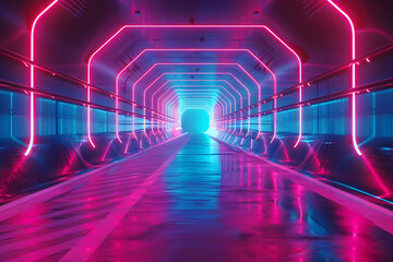 A long tunnel with neon lights, suitable for urban and futuristic concepts