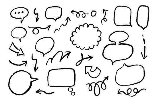 Grunge doodle texture brush stroke elements. Line movement element, emotion effect decoration icon. Simple blob grunge paint texture arrows, speech balloons, line style emphasis, arrows