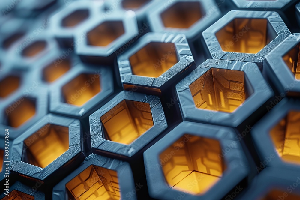 Aufkleber an intricate 3d hexagonal pattern is depicted with a blue tint and orange depth, suggesting innovati