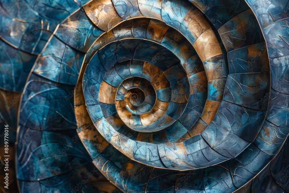 Poster This image shows a close-up of a spiral abstraction with blue and golden hues, resembling a nautilus shell