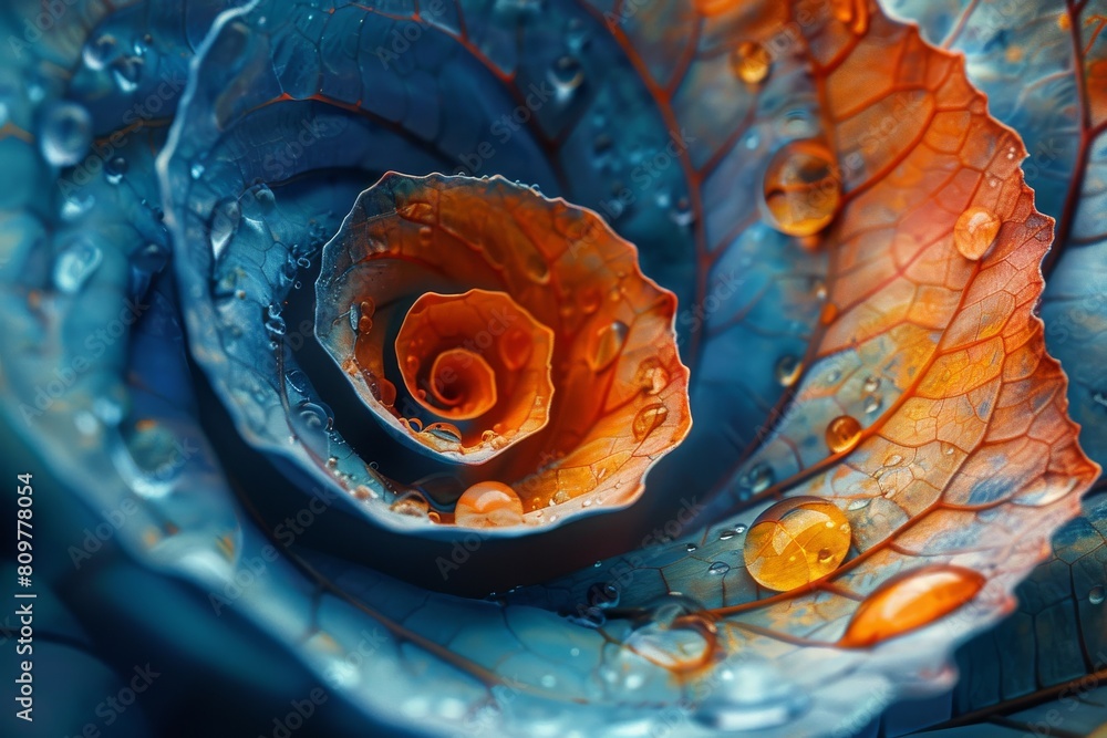 Poster A macro shot capturing the intricate pattern of an orange leaf with glistening water droplets