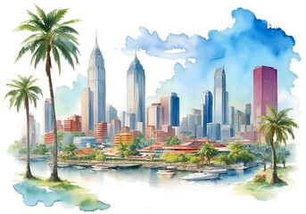 Obraz premium Equatorial Guinea Country Landscape Watercolor Illustration Art