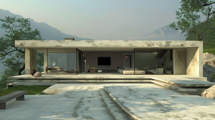 Fototapeta premium Living room has a modern design with large windows and views of the forest and mountains