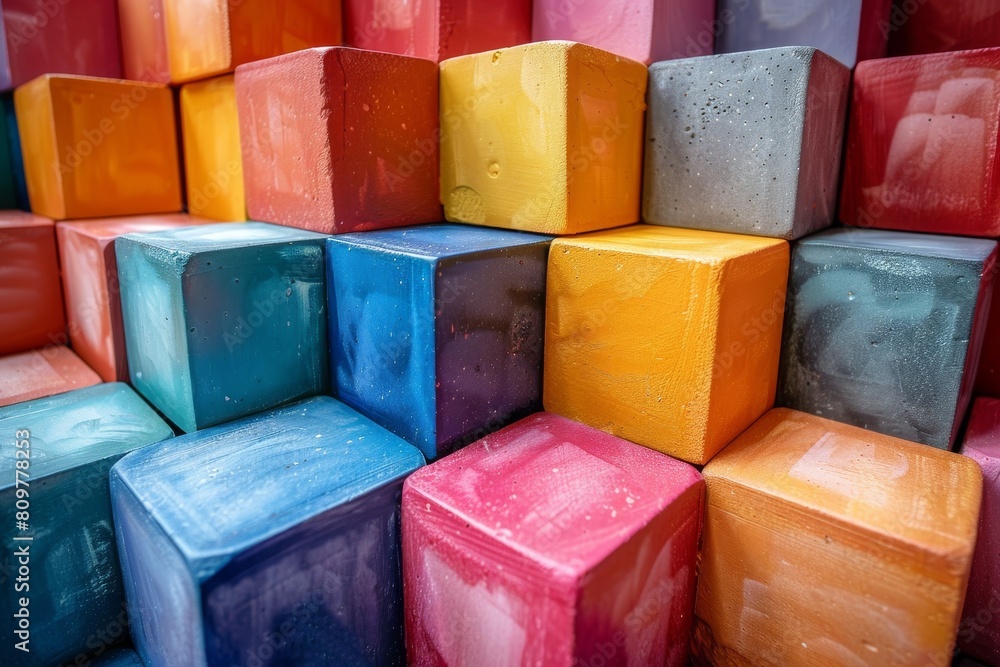 Poster a close-up stack of multicolored wax cubes showcasing a variety of textures and a play of light and 