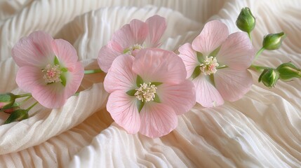   A collection of pink blossoms atop a white mattress, adorned with white linens and a solitary pink petal on the white comforter (41 tokens