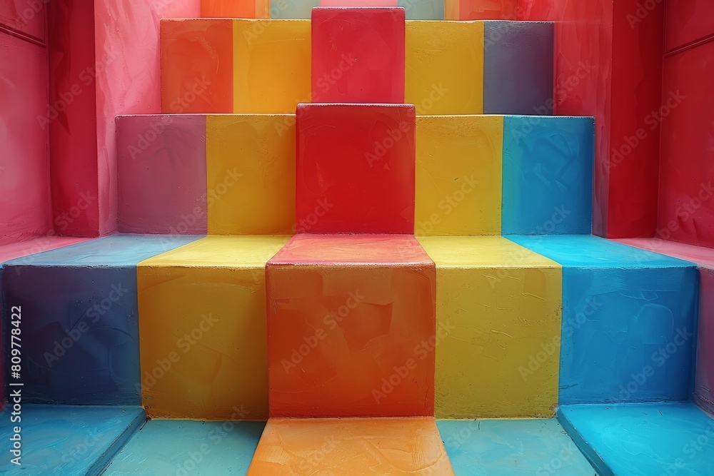 Poster a visually pleasing arrangement of multicolored cubic blocks forming an ascending pyramid structure