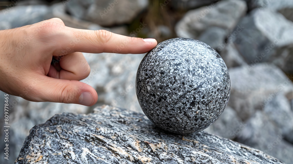 Poster human finger pointing at a singular round stone on a rocky surface. conceptual simplicity and focus.