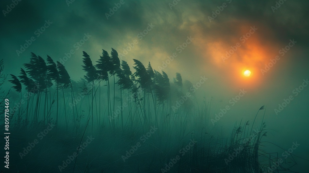 Aufkleber a field with tall grass in the foreground under a sunny sky with fog in the background