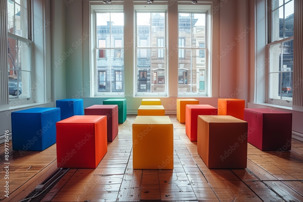 Poster Modern spacious room with large windows showcasing colorful standalone cube seats arranged in a neat pattern