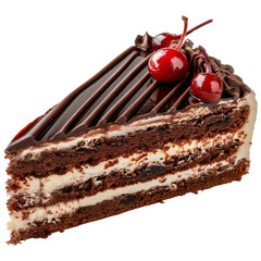 A slice of chocolate cake with a cherry on top, on a transparent background