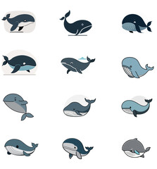 Obraz premium Set of minimalist vector whale, simple outline, flat style isolated on white 