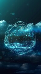 digital cloud computing logo with particle ring circle , futuristic abstract background, illustration