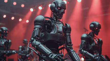 Fototapeta premium Futuristic robots on stage with red lighting.