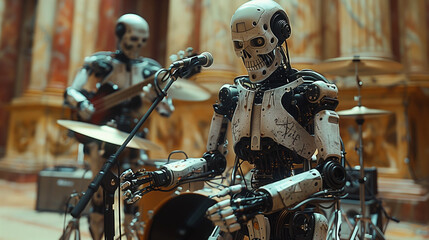 Robotic band performing with instruments in an ornate hall.