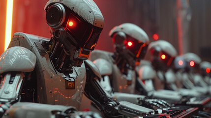 Futuristic robots lined up with glowing red eyes.