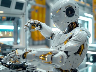 Fototapeta premium Humanoid robot performing mechanical tasks in a factory. Concept: future, technology