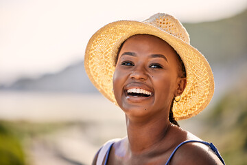 Black woman and portrait by ocean with smile for vacation, travel or relax in Thailand. Female...