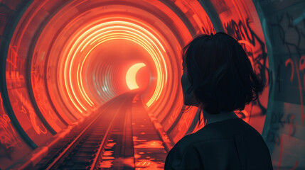 Woman standing in illuminated tunnel with graffiti.