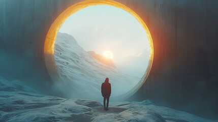 Person standing before a surreal sunrise within a circular gate.