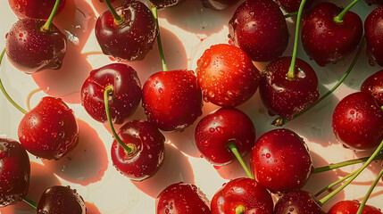 Fresh cherries with water droplets, sunlit.