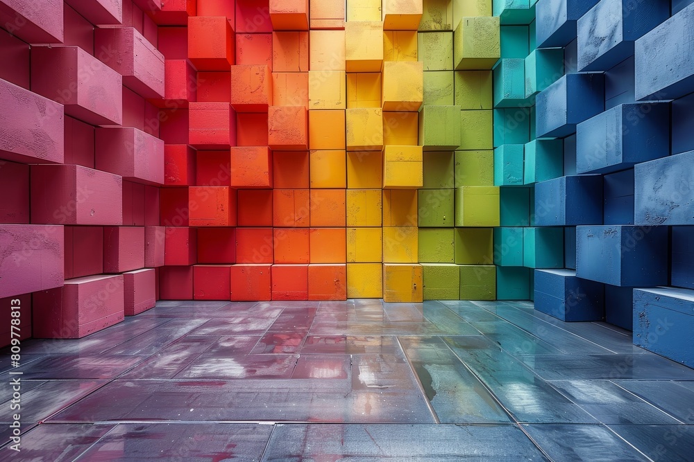 Poster an abstract image showcasing an array of colorful square blocks creating a patterned wall