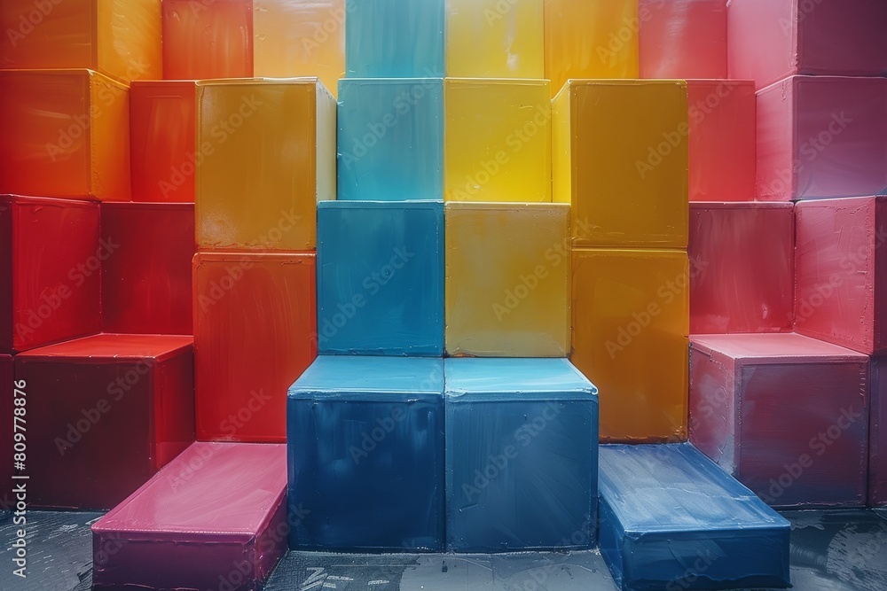 Poster this image features a vibrant set of square blocks transitioning in color from warm to cool tones