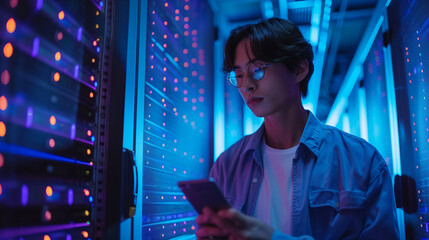 Technician using smartphone in a server room with blue lighting