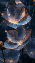 Illuminated lotus flowers with a magical aura at twilight.