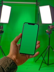 Hand holding smartphone with green screen in a studio setup