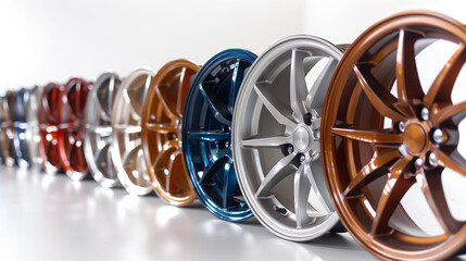 A lineup of colorful car rims displayed in a row.