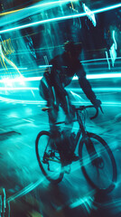 Dynamic cyclist silhouette with vibrant light trails.