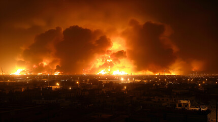 Dramatic industrial fire at night with thick smoke over city skyline.