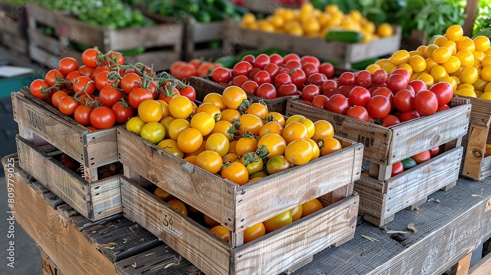 Poster a table overflowing with various fruits and vegetables in multiple crates