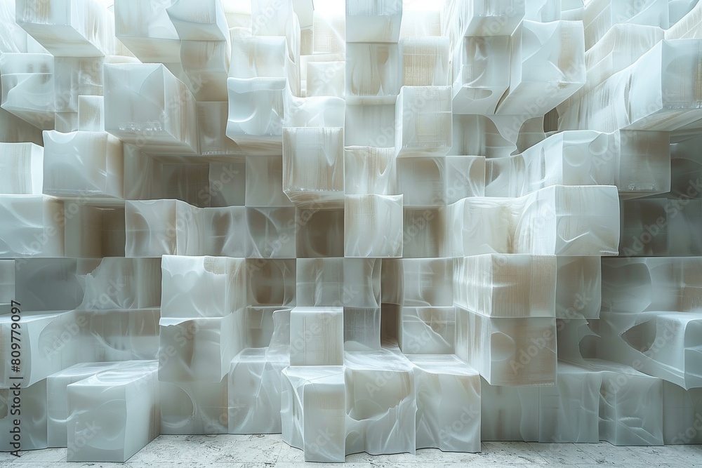 Poster a detailed digital composition of semi-transparent white blocks creating a layered pattern with dept