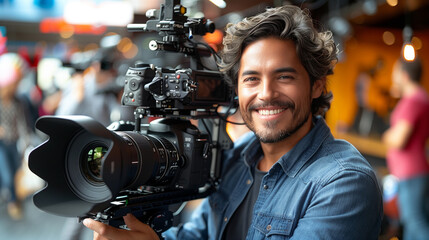 Smiling Young Latin Male Filmmaker Operating A Professional Camera In A Well-lit Studio, Capturing Engaging Content For A Modern Advertising Or Movie Production Project.
