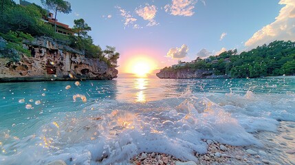   The sun sets over the ocean as waves crash onto a rocky cliff on the beach shore