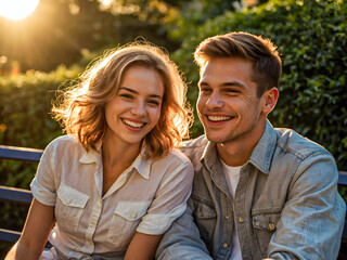 Obraz premium Joyful young couple sits on a garden bench, basking in the warm glow of evening sunlight, their smiles capturing a moment of pure happiness and love 