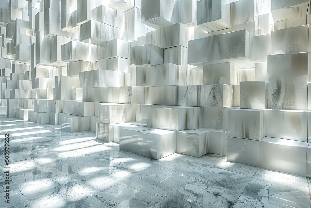 Poster the composition showcases shiny white cubic shapes stacked methodically in a hall with reflective ma