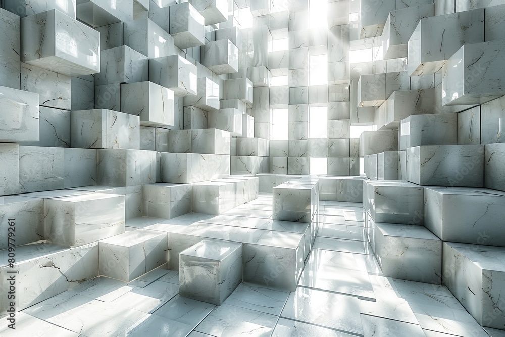 Poster pristine white marble blocks create a maze-like structure in a sunlit architectural space
