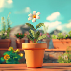 Obraz premium Cozy Cartoon Flower Pot with Serene Garden Terrace Background for Advertising and Social Media