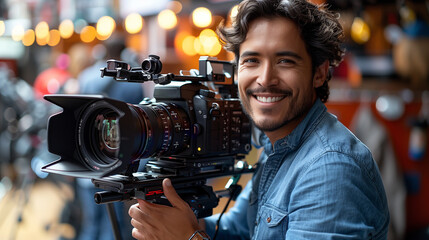 Smiling Young Latin Male Filmmaker Operating A Professional Camera In A Well-lit Studio, Capturing Engaging Content For A Modern Advertising Or Movie Production Project.